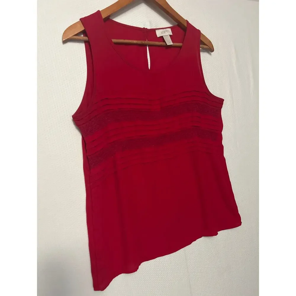 LOFT Womens Sleeveless Pleated Lace Trim Red Blouse Tank Top Size‎ Small - Picture 4 of 7